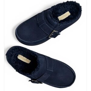 REVITALIGN Navy Siesta Suede Leather Faux-Shearling Slip-On Mules with Buckle 9